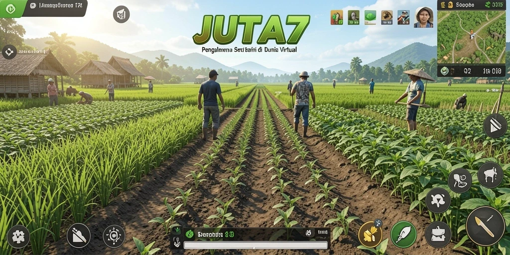 Screenshot gameplay JUTA7 menampilkan kebun yang subur dan aktif.