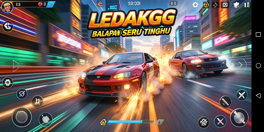 Screenshot gameplay LEDAKGG menampilkan momen mendebarkan balapan.