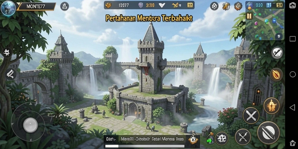 Screenshot gameplay menunjukkan menara berjuang melawan musuh dalam MONTE77.