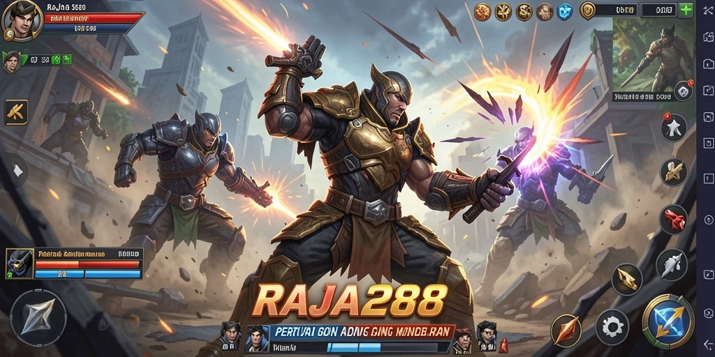 Screenshot gameplay RAJA288 menunjukkan pertarungan seru dengan efek visual yang menakjubkan.