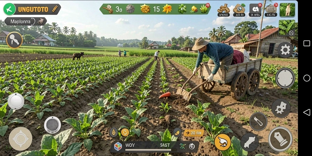 Screenshot gameplay UNGUTOTO yang menampilkan suasana pertanian yang ceria.
